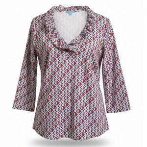 J McLaughlin M Women Catalina Ruffle Cowl Neck 3/4 Sleeve Tunic Top Red WHT Blue